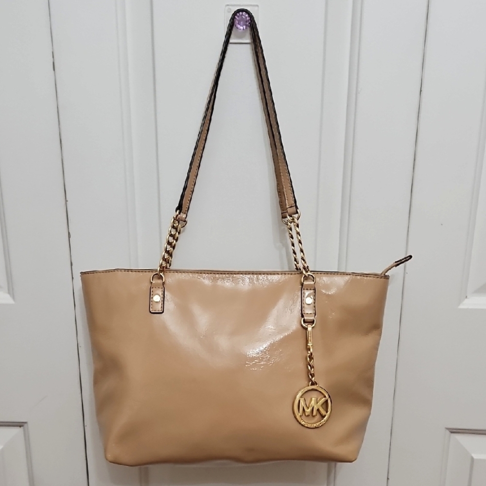 Michael Kors Jet Set Patent Leather Chain Tote Bag Caramel/Gold